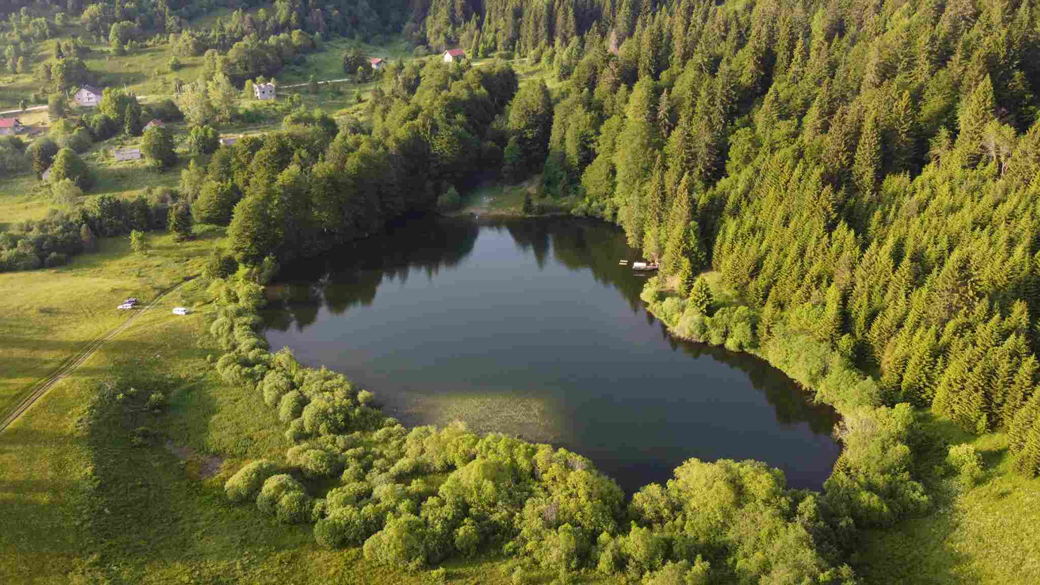 Pogled iz vazduha na Kukavičko jezero okruženo gustom šumom i livadama